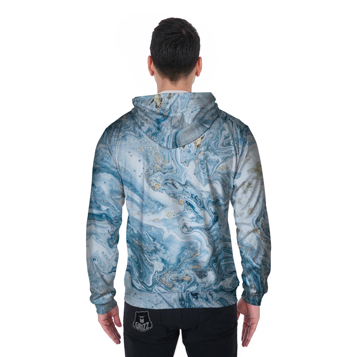 Golden Powder Blue Marble Men's Zip Up Hoodie-grizzshop