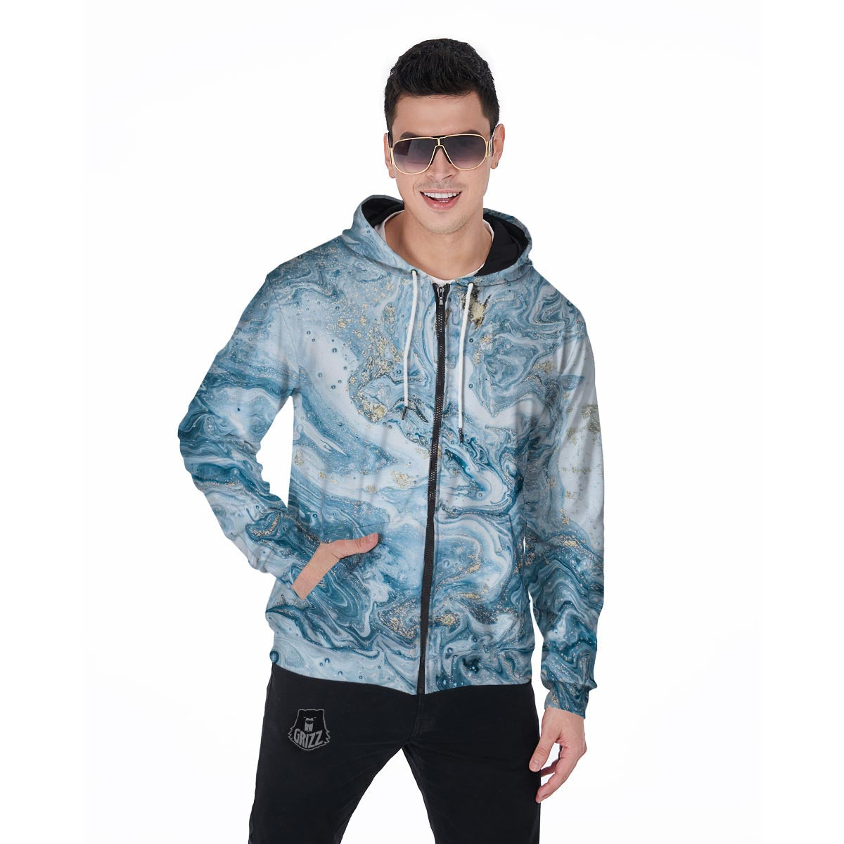 Golden Powder Blue Marble Men's Zip Up Hoodie-grizzshop