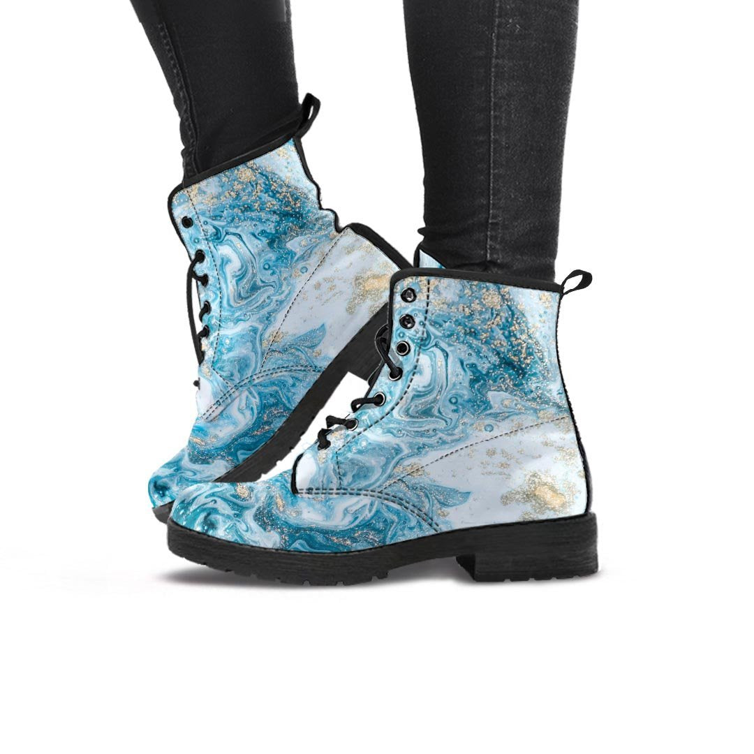 Golden Powder Blue Marble Women's Boots-grizzshop