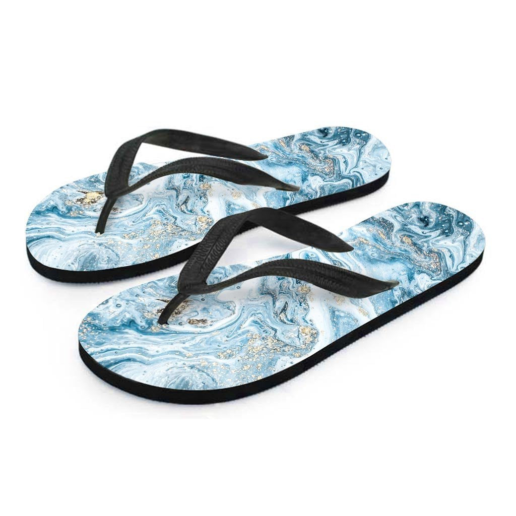 Golden Powder Blue Marble Women's Flip Flops-grizzshop