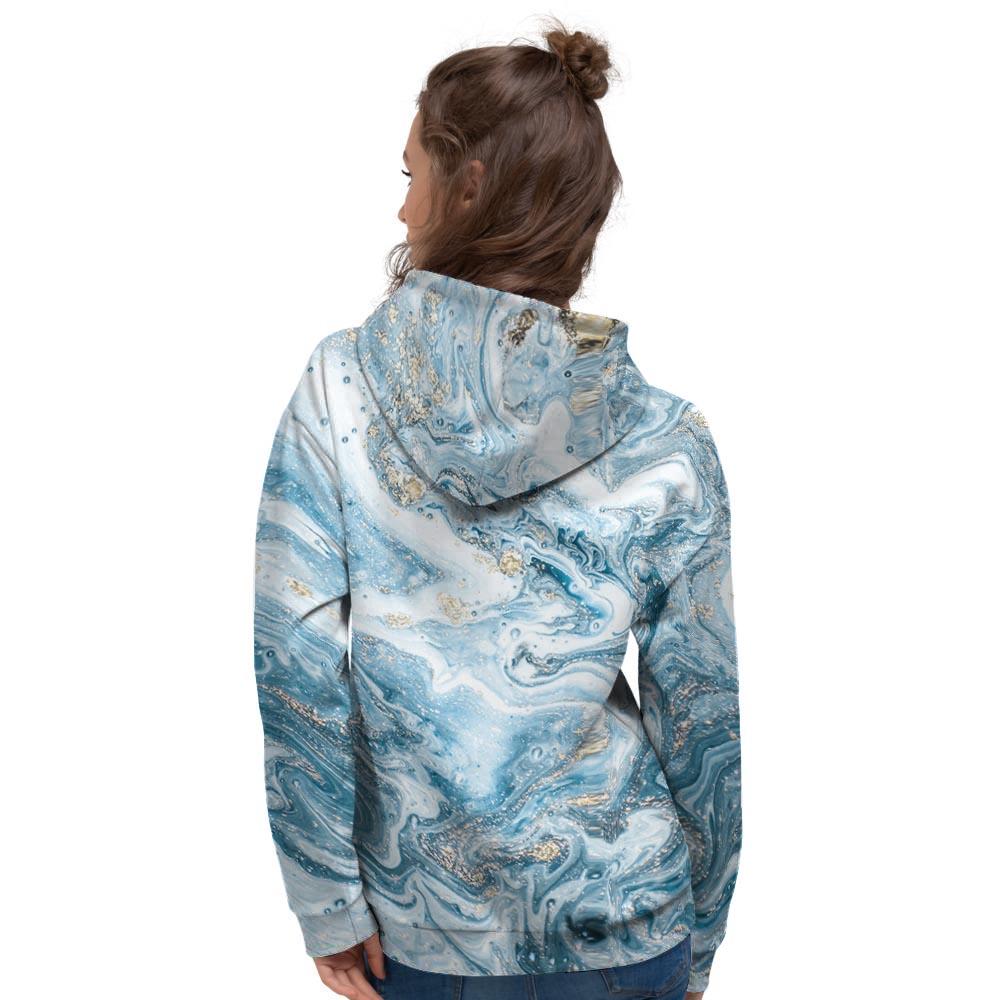 Golden Powder Blue Marble Women's Hoodie-grizzshop