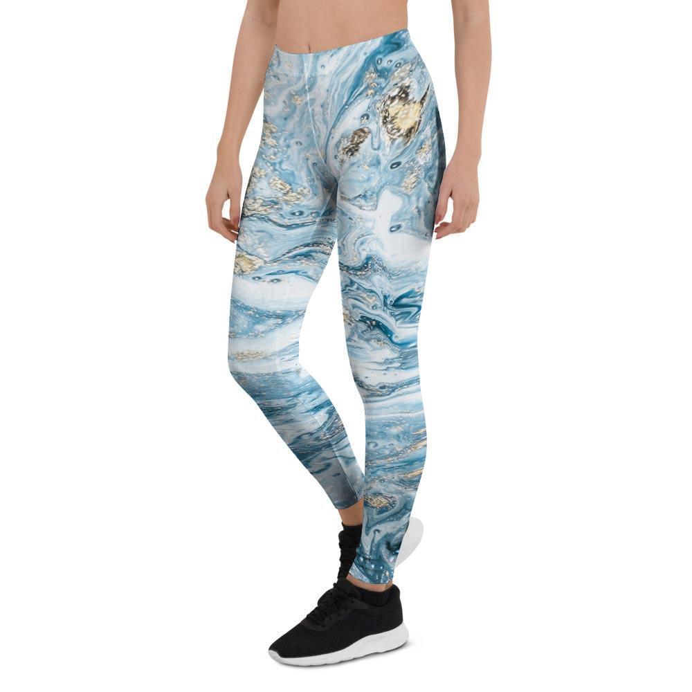 Golden Powder Blue Marble Women's Leggings-grizzshop