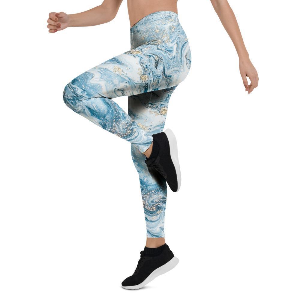 Golden Powder Blue Marble Women's Leggings-grizzshop