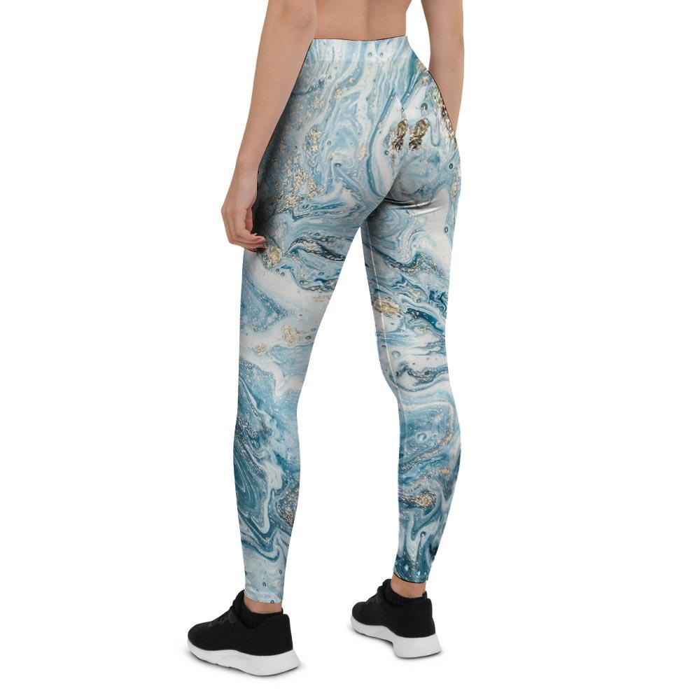 Golden Powder Blue Marble Women's Leggings-grizzshop