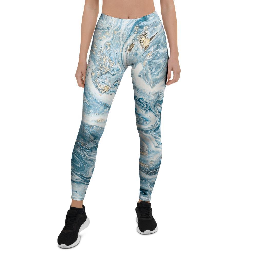 Golden Powder Blue Marble Women's Leggings-grizzshop