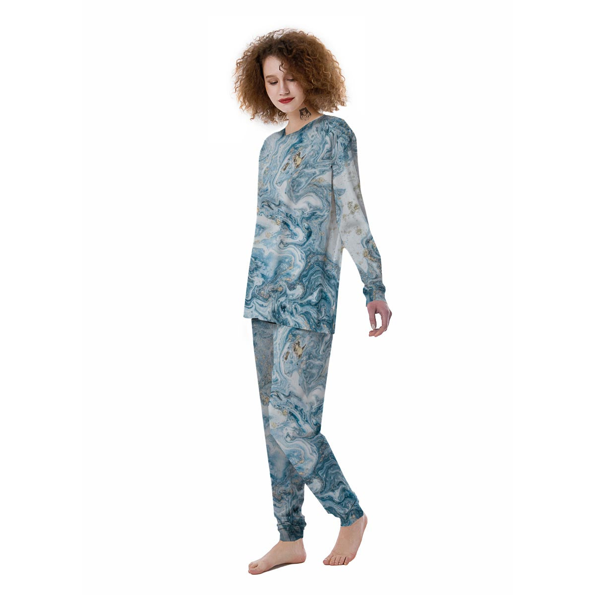 Golden Powder Blue Marble Women's Pajamas-grizzshop