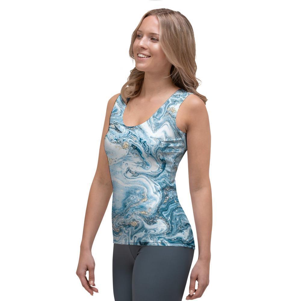 Golden Powder Blue Marble Women's Tank Top-grizzshop