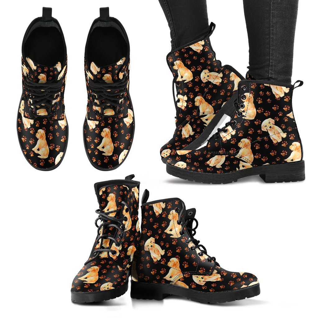 Golden Retriever Paw Pattern Print Men Women Leather Boots-grizzshop