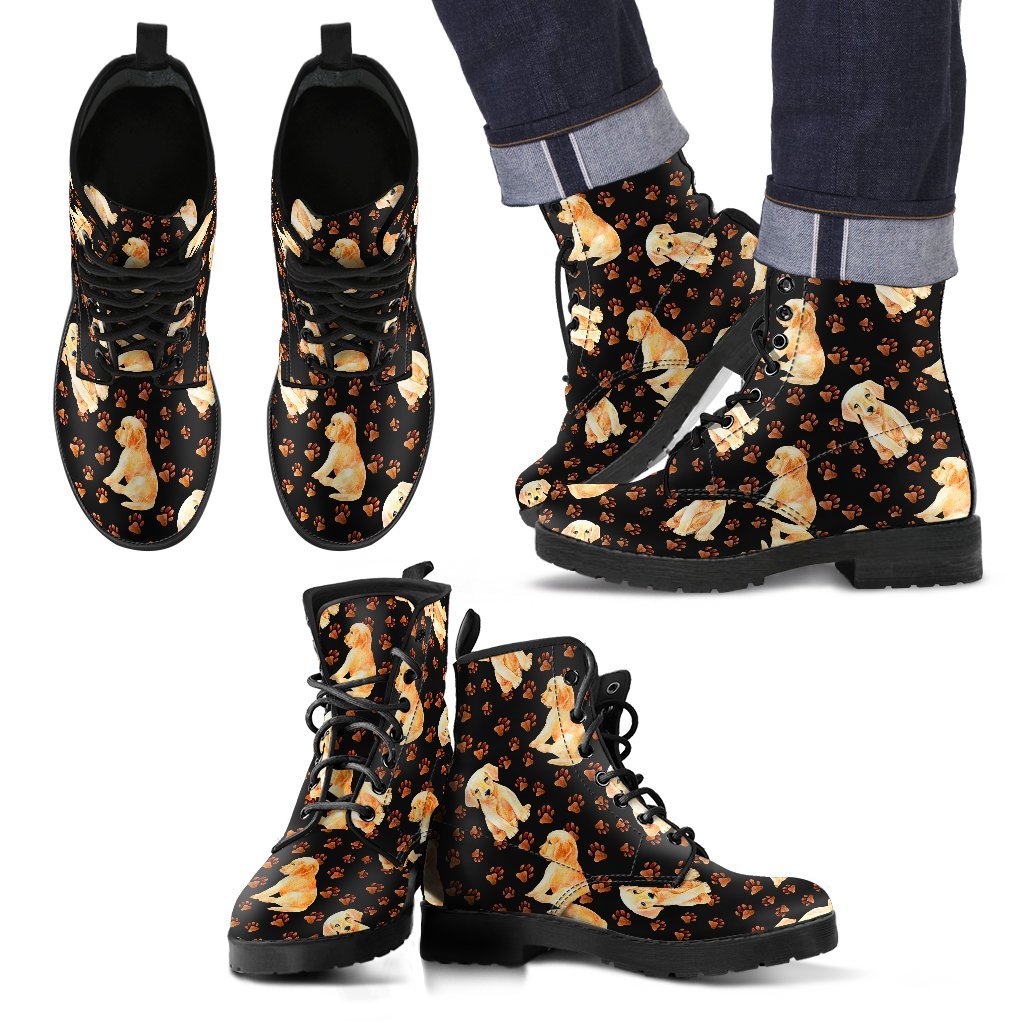 Golden Retriever Paw Pattern Print Men Women Leather Boots-grizzshop