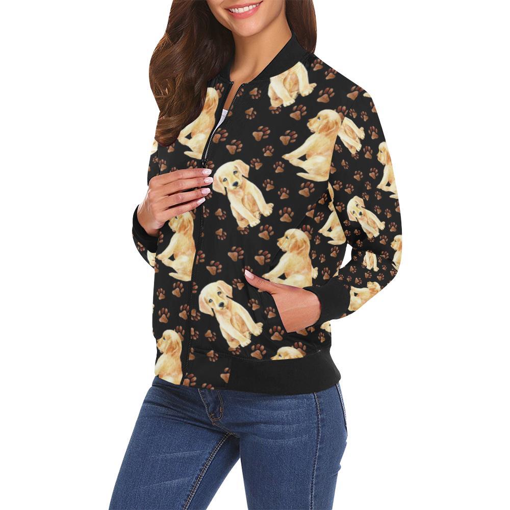 Golden Retriever Paw Pattern Print Women Casual Bomber Jacket-grizzshop