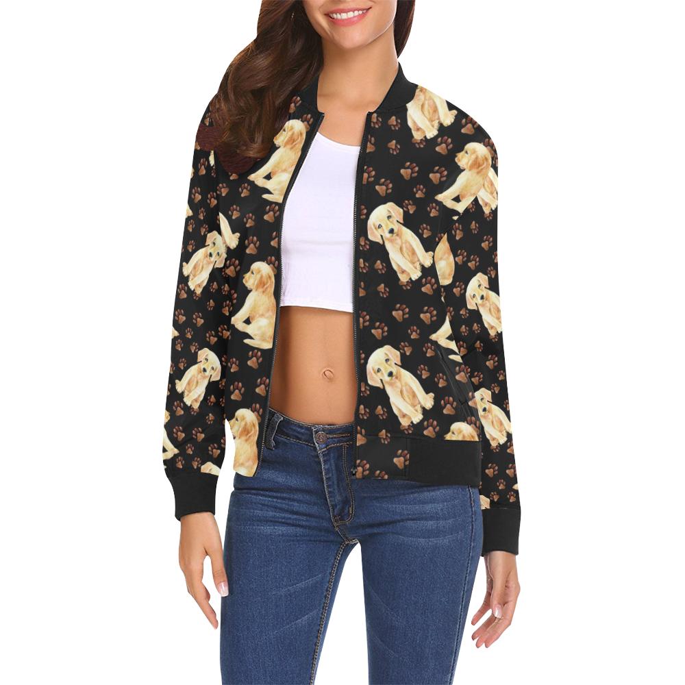 Golden Retriever Paw Pattern Print Women Casual Bomber Jacket-grizzshop