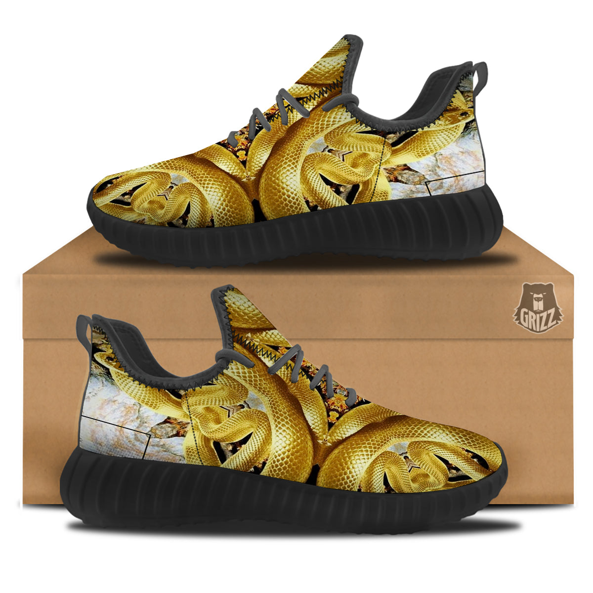 Golden Snake Kaleidoscope Print Black Walking Shoes-grizzshop