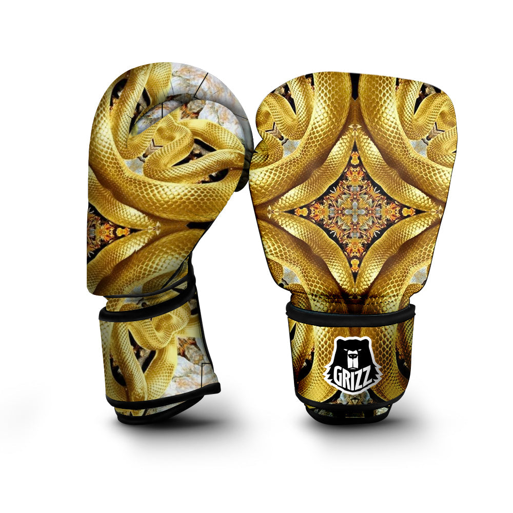 Golden Snake Kaleidoscope Print Boxing Gloves-grizzshop