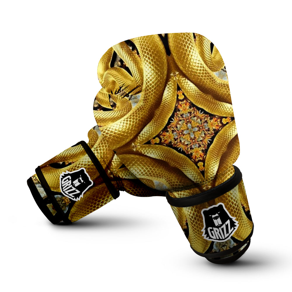 Golden Snake Kaleidoscope Print Boxing Gloves-grizzshop