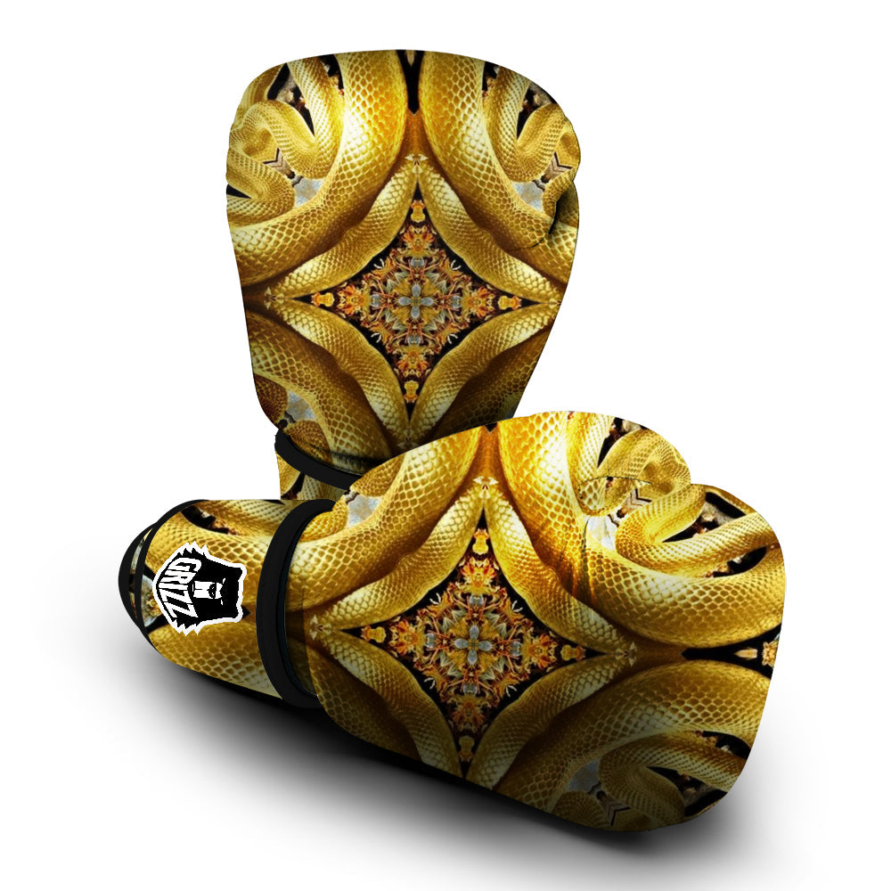Golden Snake Kaleidoscope Print Boxing Gloves-grizzshop