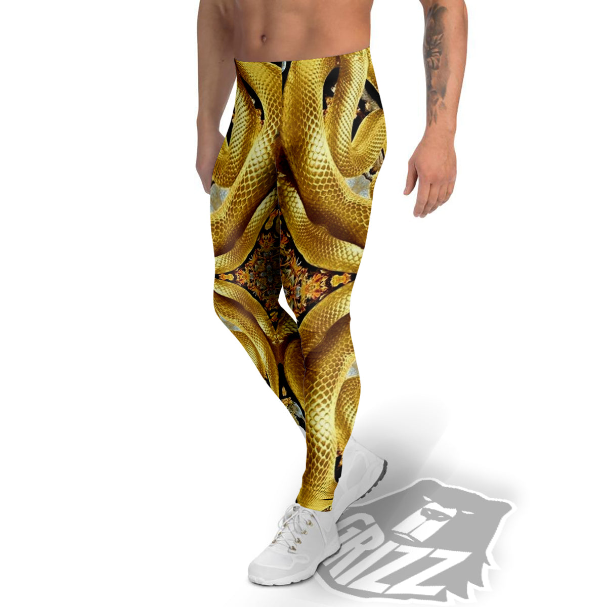 Golden Snake Kaleidoscope Print Men's Leggings-grizzshop