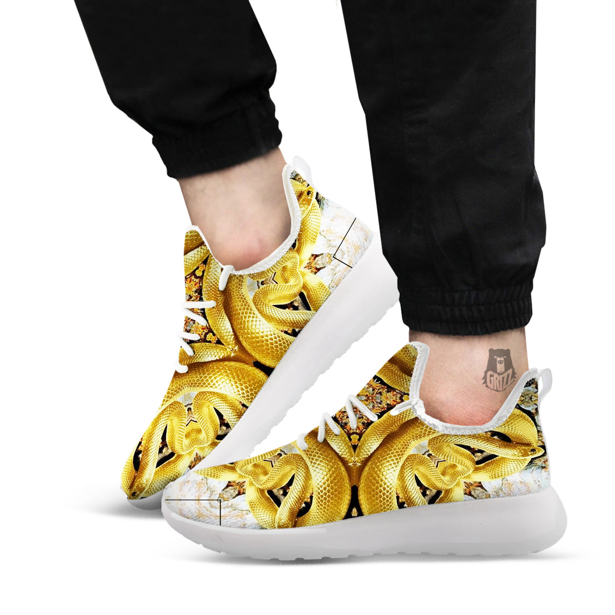 Golden Snake Kaleidoscope Print White Athletic Shoes-grizzshop
