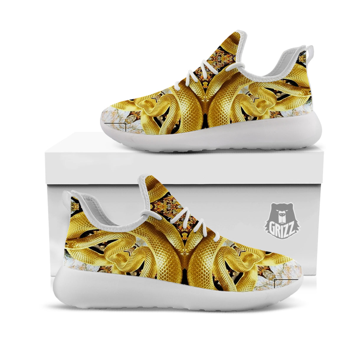 Golden Snake Kaleidoscope Print White Athletic Shoes-grizzshop