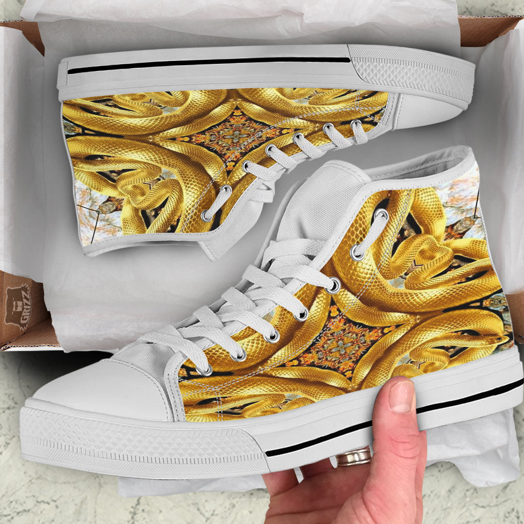 Golden Snake Kaleidoscope Print White High Top Shoes-grizzshop