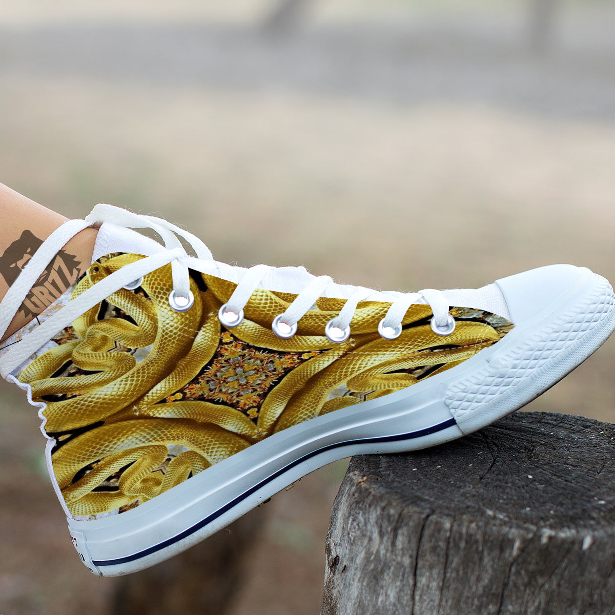 Golden Snake Kaleidoscope Print White High Top Shoes-grizzshop