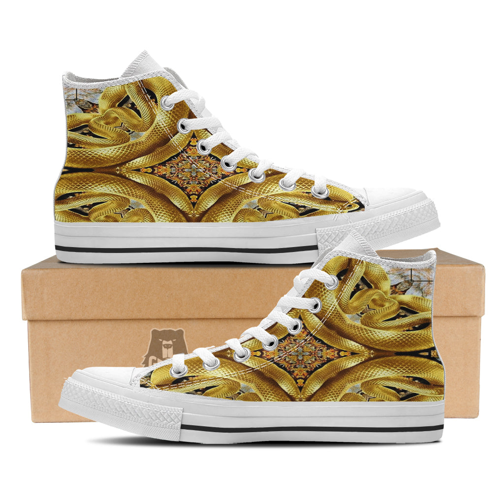 Golden Snake Kaleidoscope Print White High Top Shoes-grizzshop
