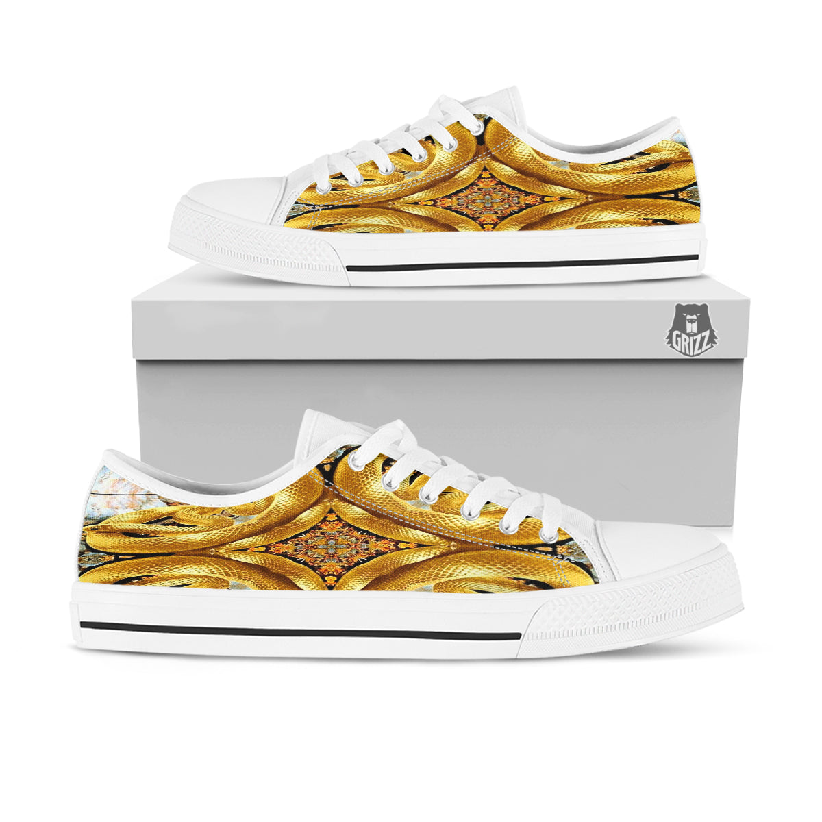 Golden Snake Kaleidoscope Print White Low Top Shoes-grizzshop