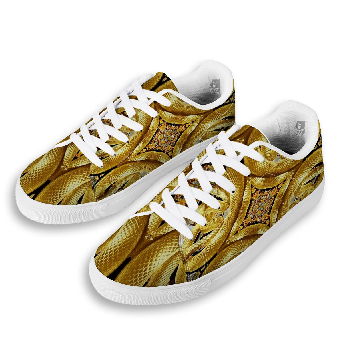 Golden Snake Kaleidoscope Print White Low Top Sneakers-grizzshop