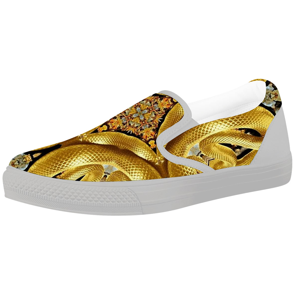 Golden Snake Kaleidoscope Print White Slip On Shoes-grizzshop
