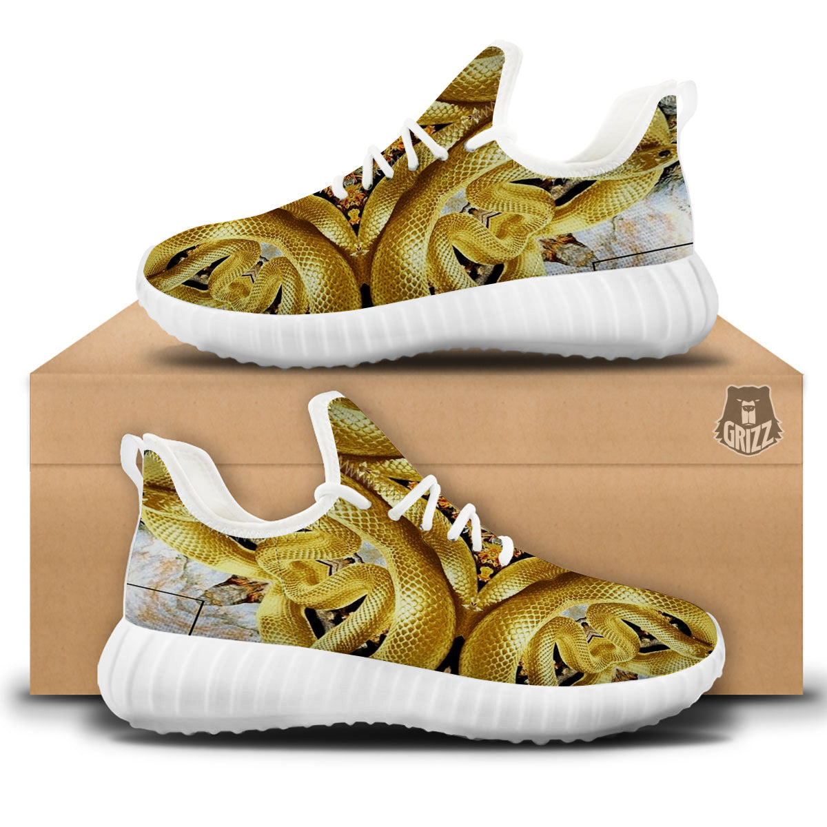 Golden Snake Kaleidoscope Print White Walking Shoes-grizzshop