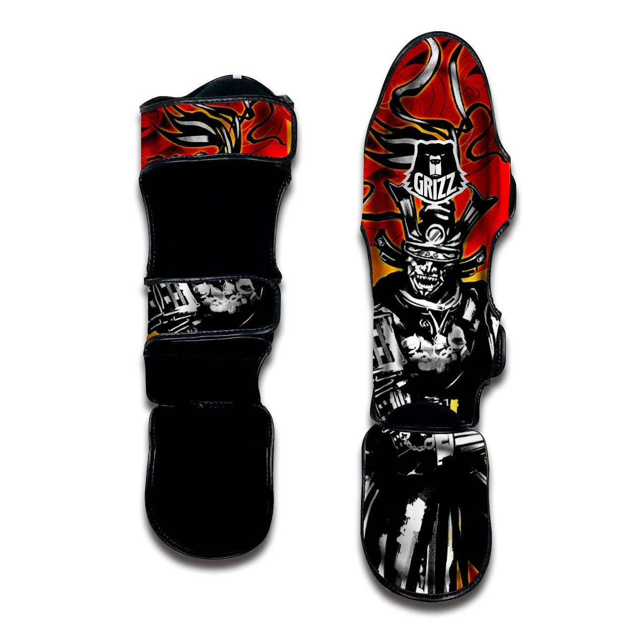 Golden Sun Samurai And Red Sky Print Muay Thai Shin Guards-grizzshop