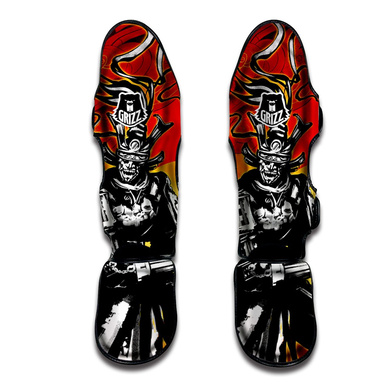 Golden Sun Samurai And Red Sky Print Muay Thai Shin Guards-grizzshop