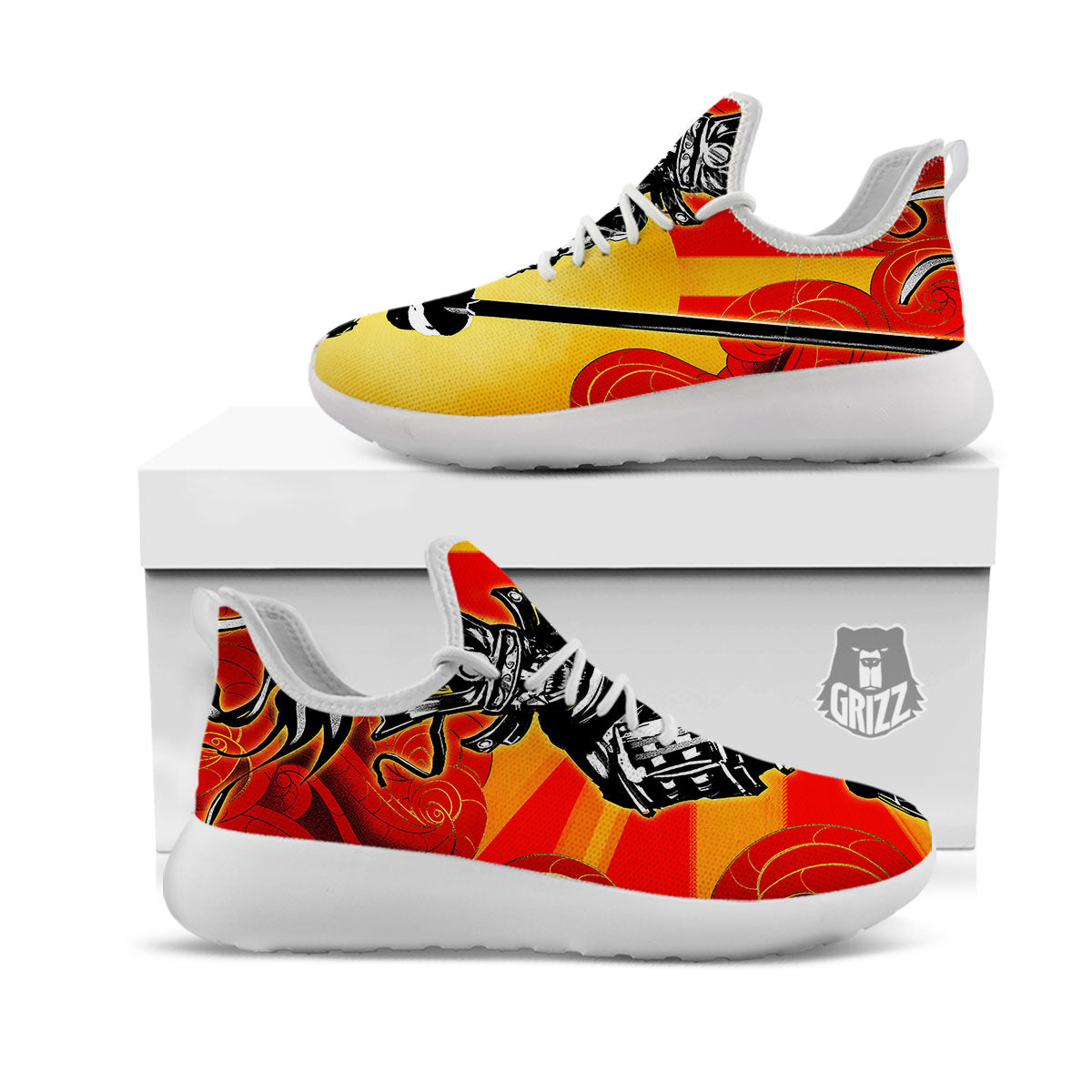 Golden Sun Samurai And Red Sky Print White Athletic Shoes-grizzshop