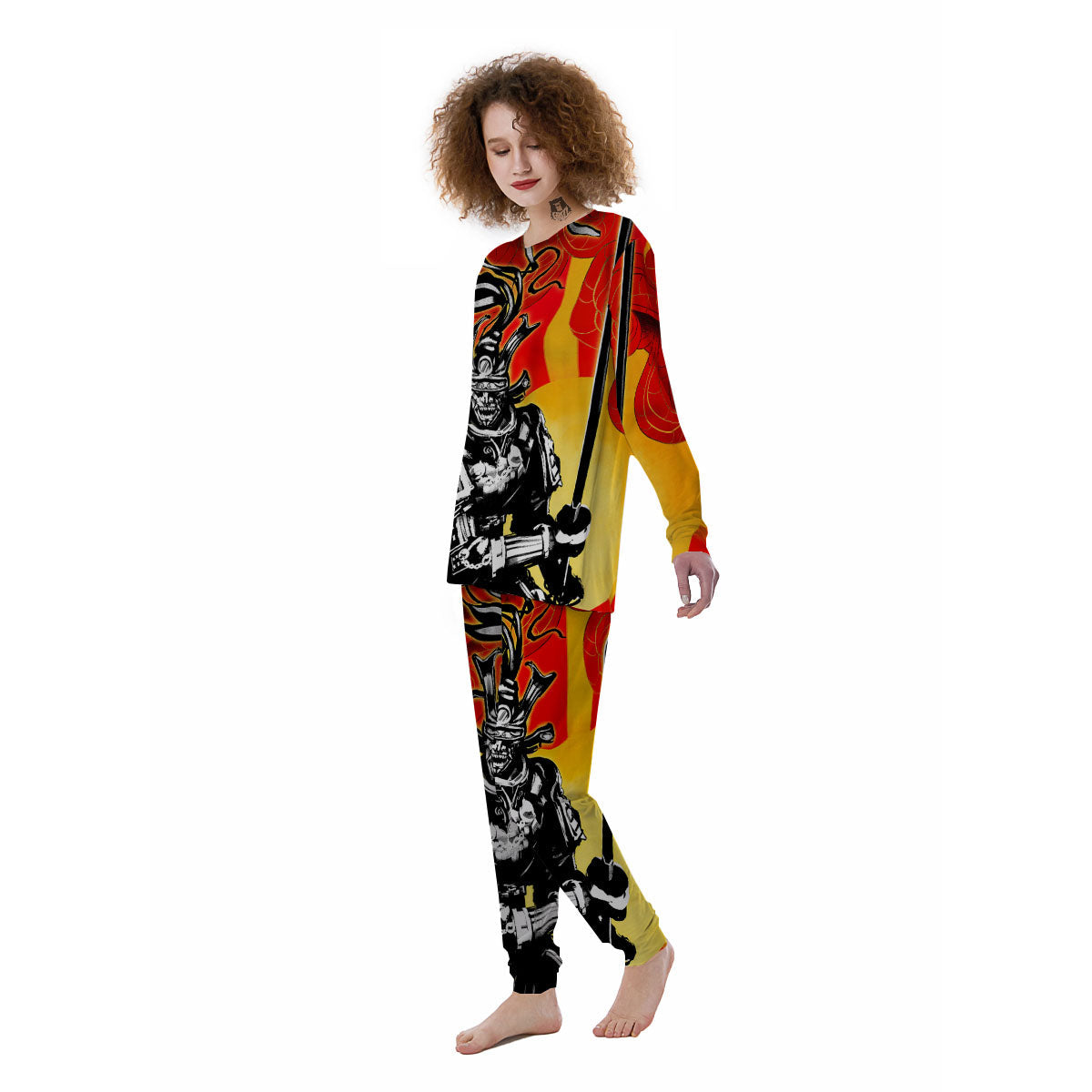 Golden Sun Samurai And Red Sky Print Women's Pajamas-grizzshop