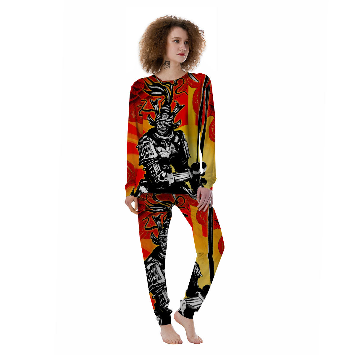 Golden Sun Samurai And Red Sky Print Women's Pajamas-grizzshop