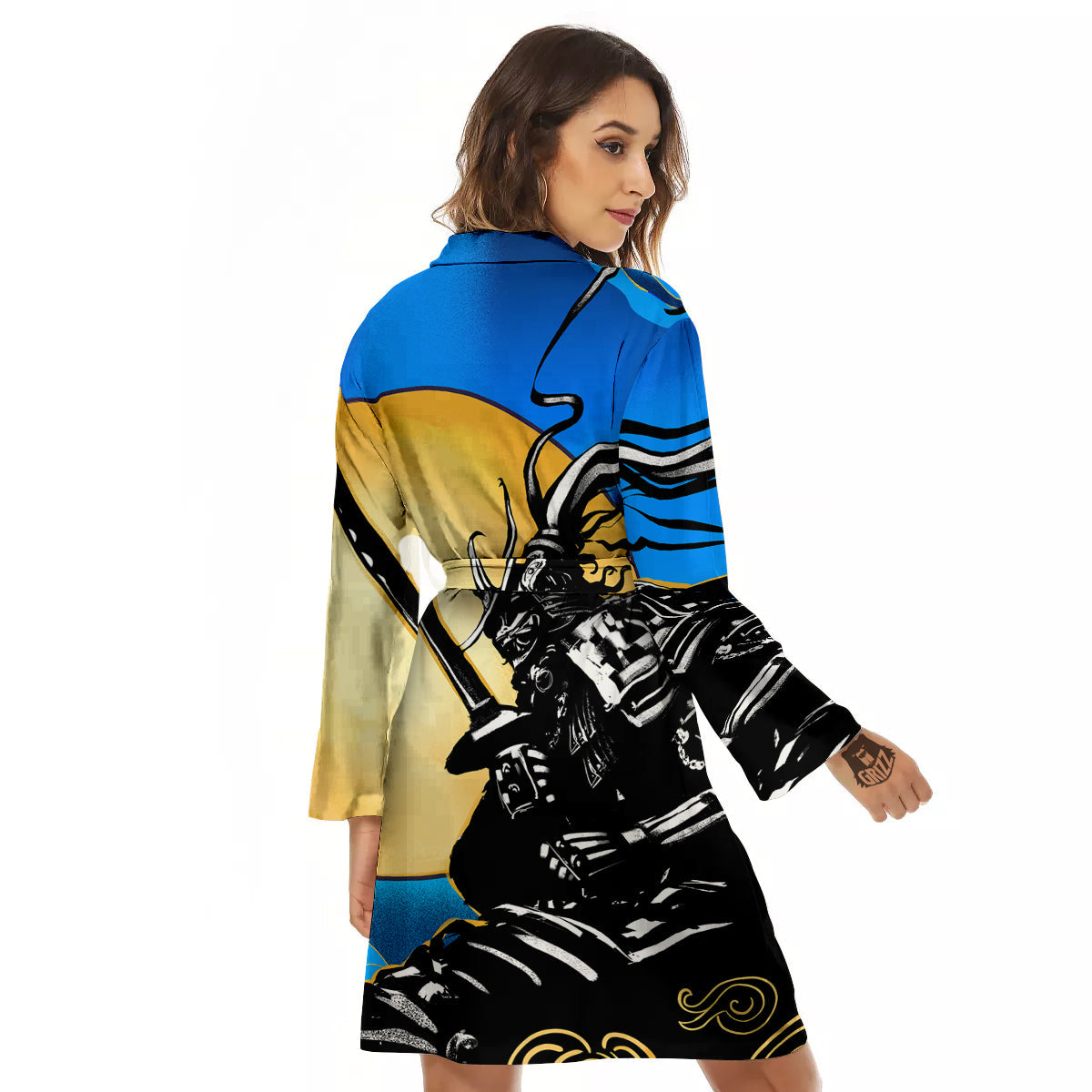 Golden Sun Samurai Blue Sky Print Women's Robe-grizzshop