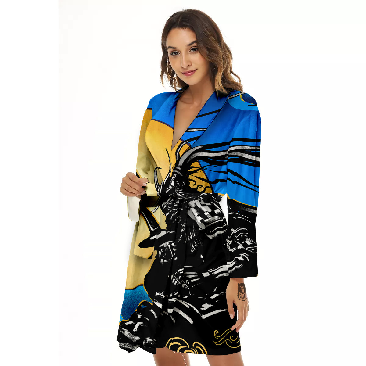 Golden Sun Samurai Blue Sky Print Women's Robe-grizzshop