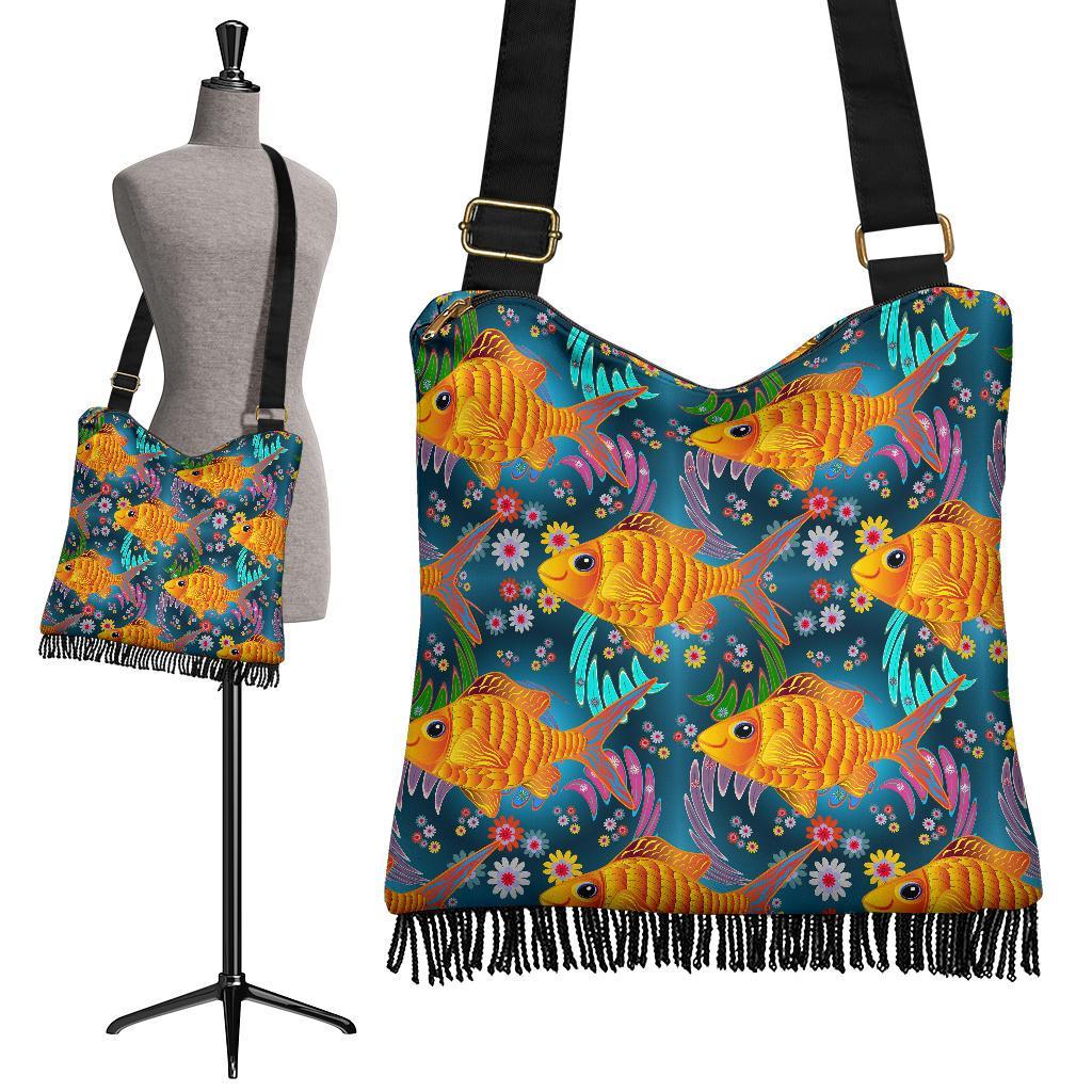 Goldfish Flower Pattern Print Crossbody Bags-grizzshop