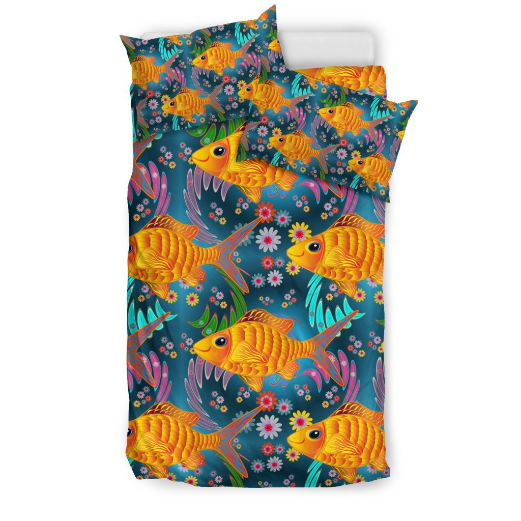 Goldfish Flower Pattern Print Duvet Cover Bedding Set-grizzshop