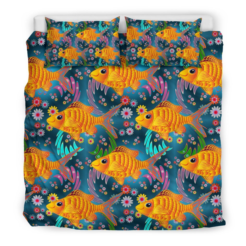 Goldfish Flower Pattern Print Duvet Cover Bedding Set-grizzshop