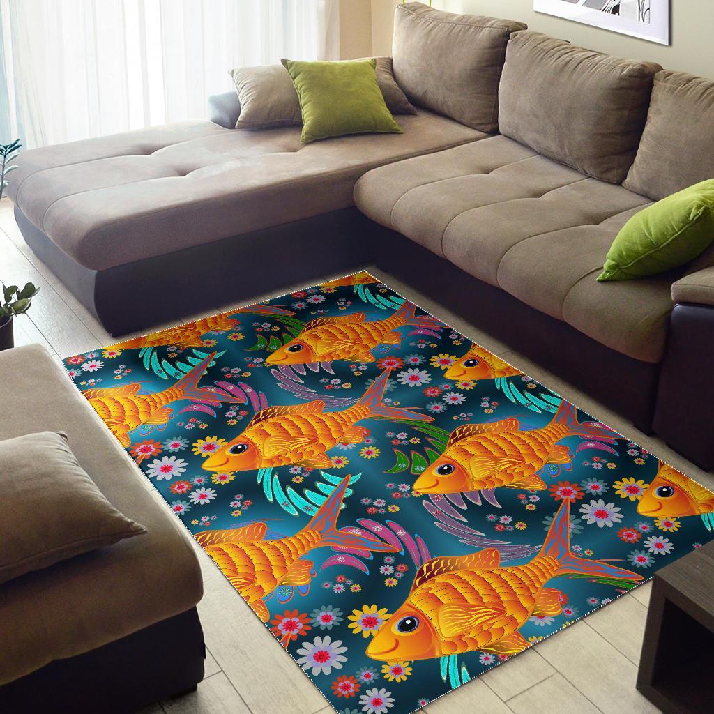 Goldfish Flower Pattern Print Floor Mat-grizzshop