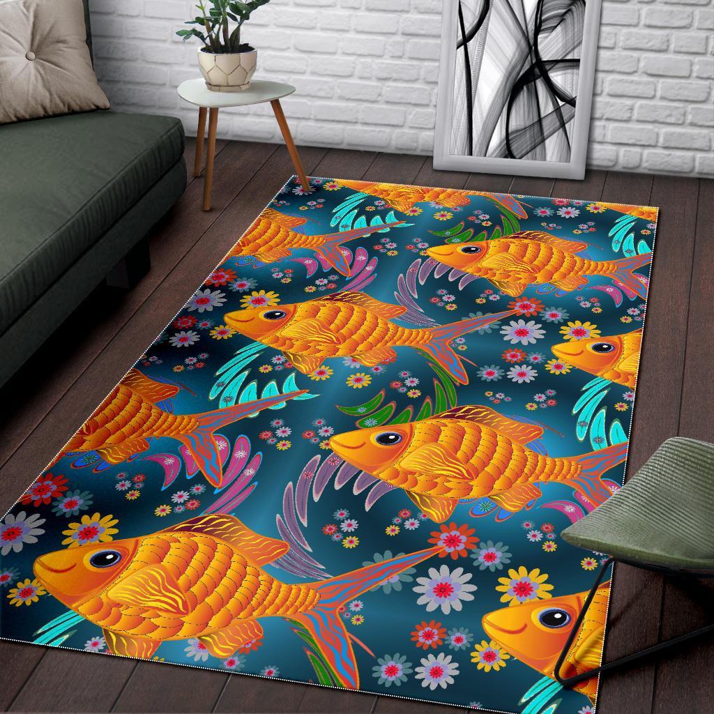 Goldfish Flower Pattern Print Floor Mat-grizzshop