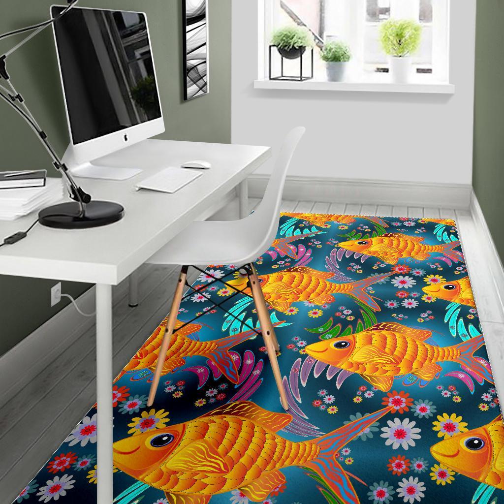 Goldfish Flower Pattern Print Floor Mat-grizzshop