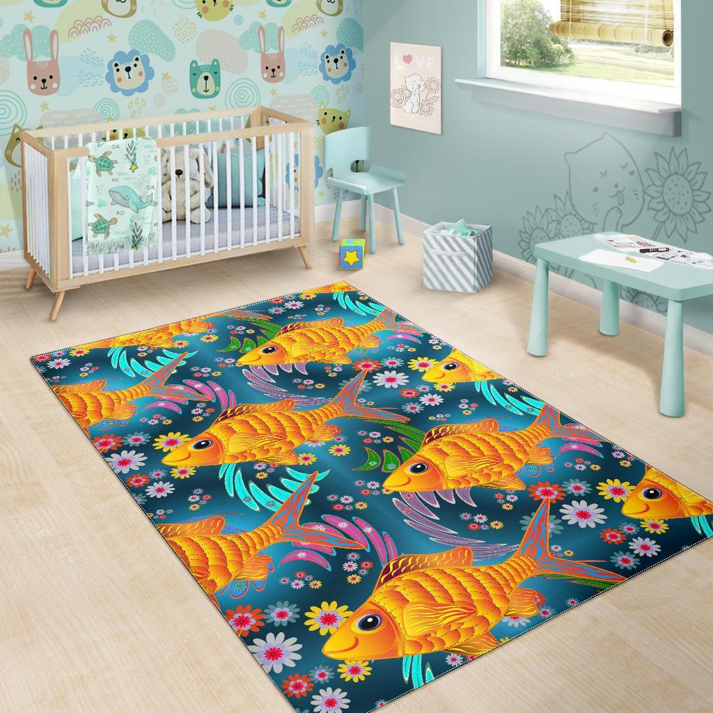 Goldfish Flower Pattern Print Floor Mat-grizzshop