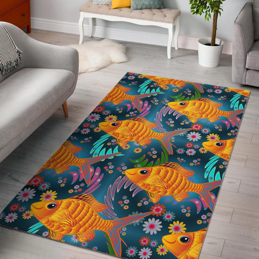 Goldfish Flower Pattern Print Floor Mat-grizzshop