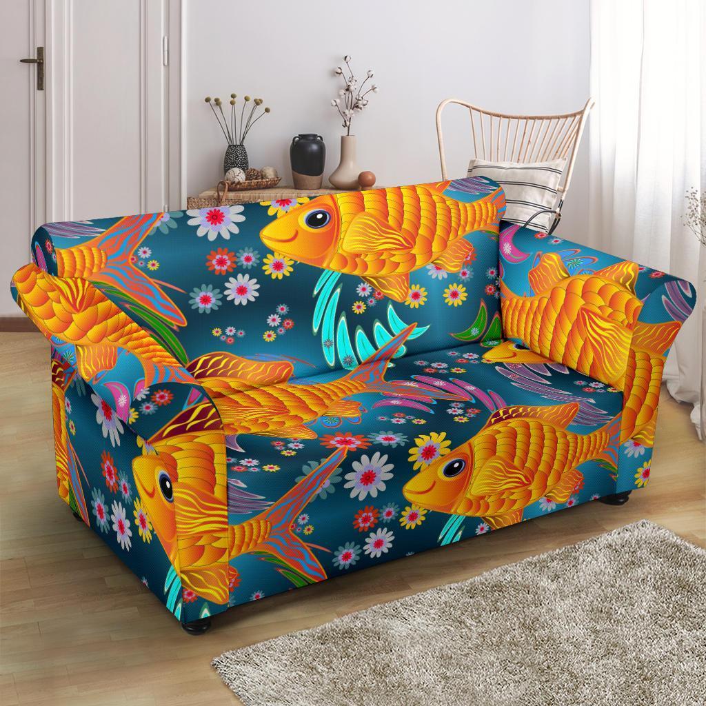 Goldfish Flower Pattern Print Loveseat Cover-grizzshop