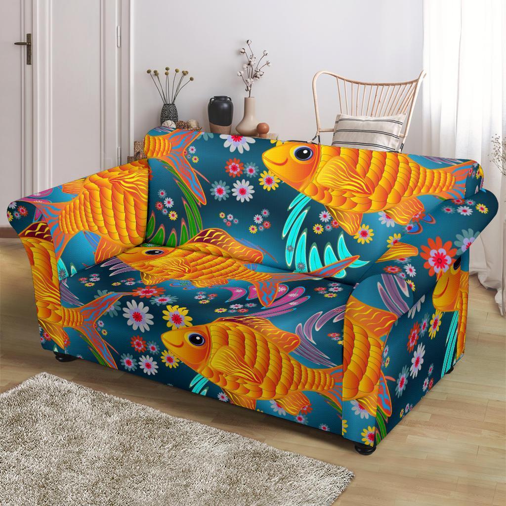 Goldfish Flower Pattern Print Loveseat Cover-grizzshop