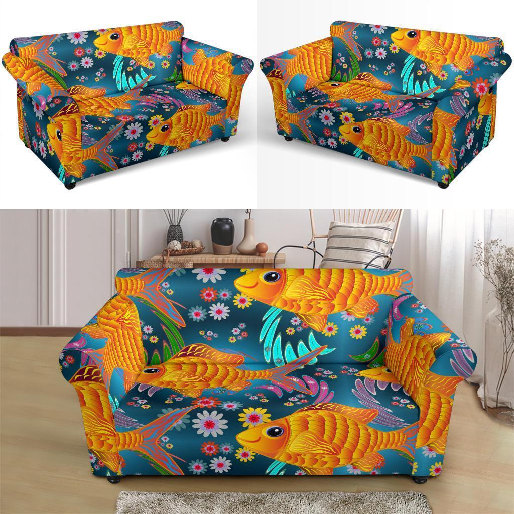 Goldfish Flower Pattern Print Loveseat Cover-grizzshop