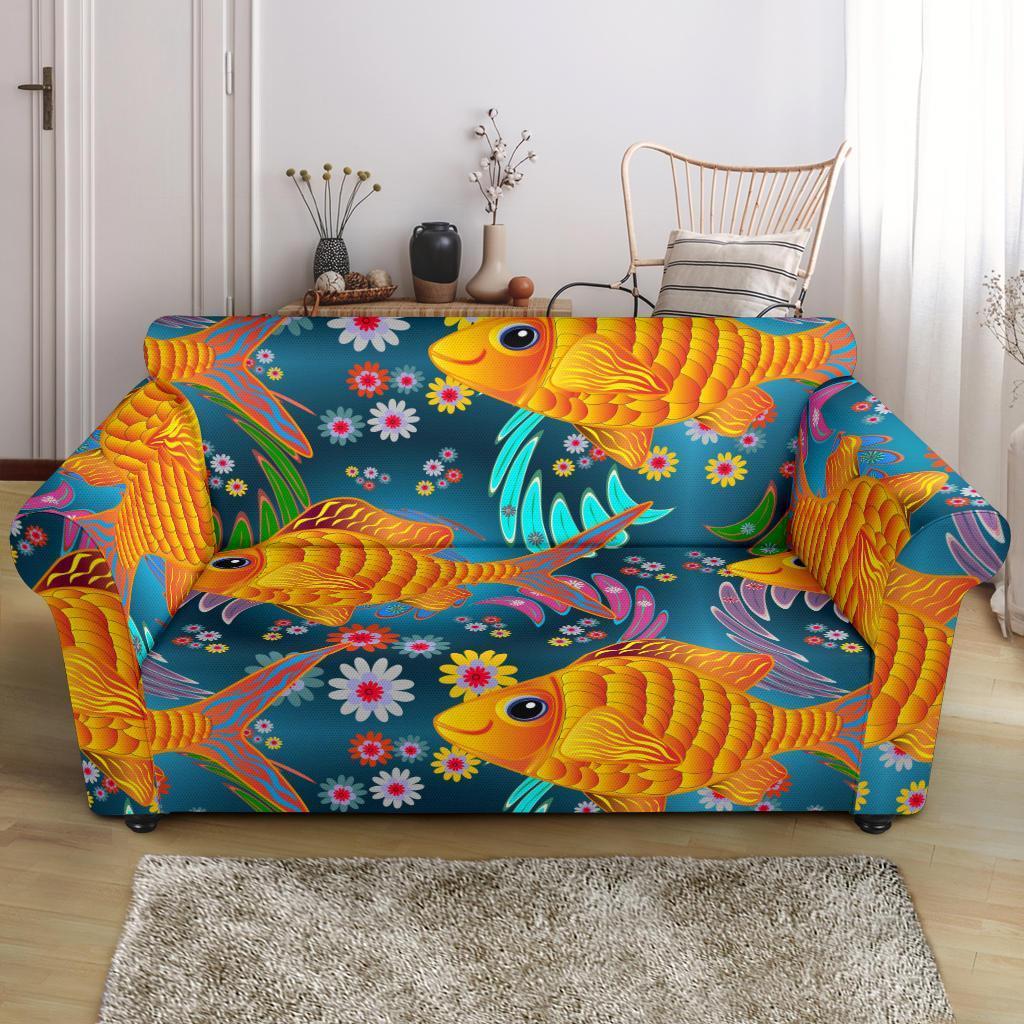 Goldfish Flower Pattern Print Loveseat Cover-grizzshop