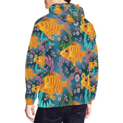 Goldfish Flower Pattern Print Men Pullover Hoodie-grizzshop