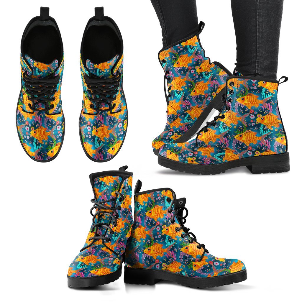 Goldfish Flower Pattern Print Men Women Leather Boots-grizzshop